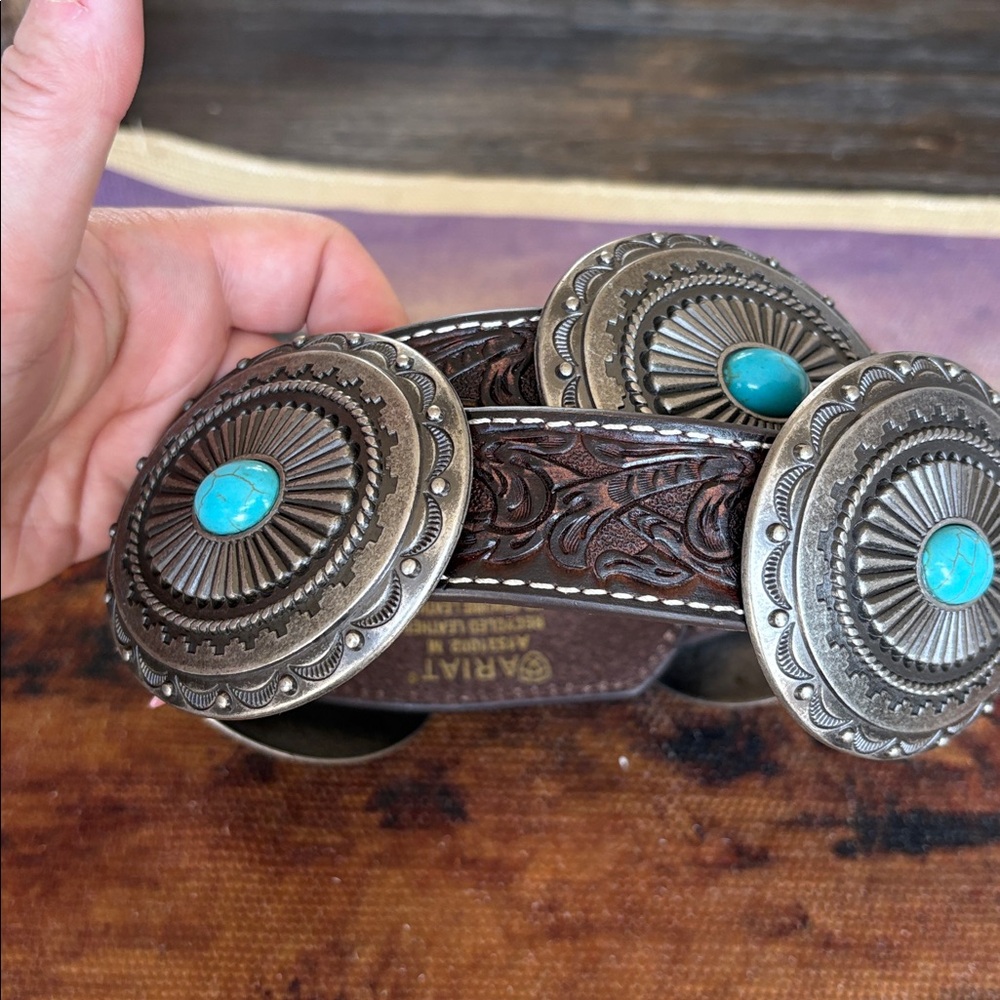 Ariat Brown Leather Concho Belt with Turquoise Accents - Picture 4 of 4